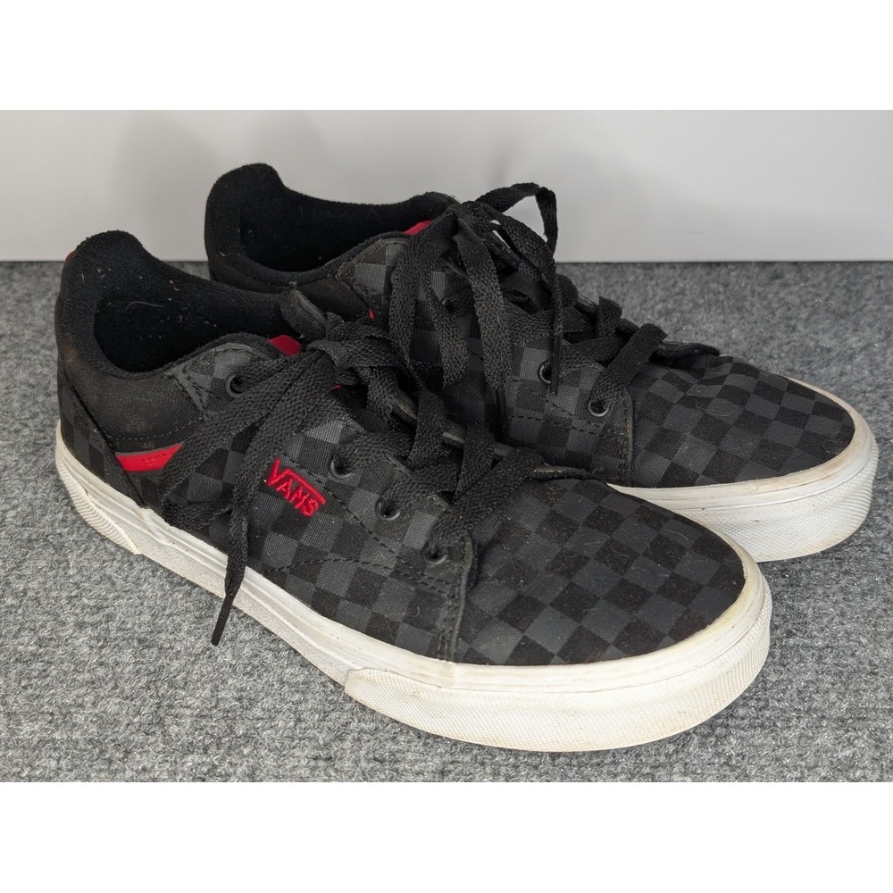 Vans Classic Seldan Checkerboard Sneaker Lace Up Low Black Gray Red Youth 4